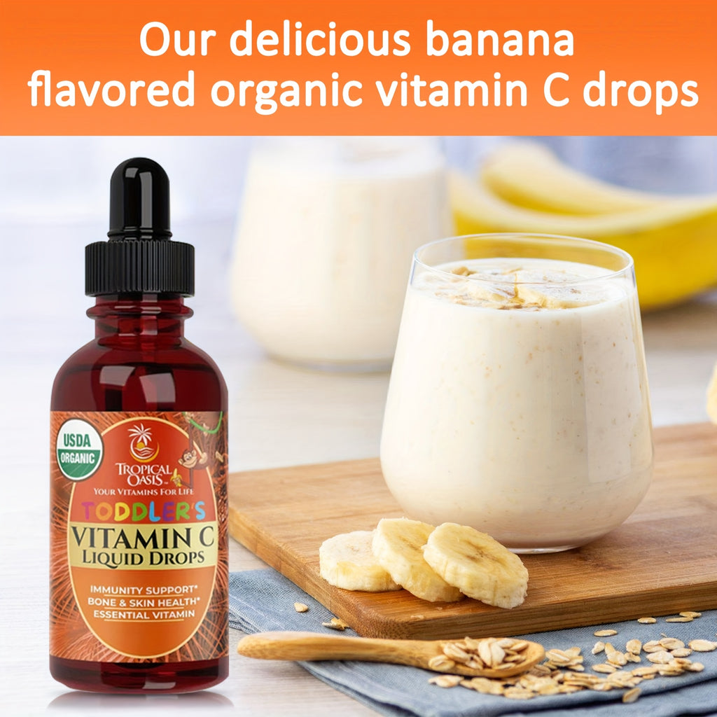 Tropical Oasis Vitamin C Drops for Toddlers, Suitable for Aged 1 to 3 Years. These Liquid Drops Are Made from Acerola Fruit And Help Promote a Healthy Immune System. They Are Gluten-Free And Come in a 2 Fl Oz Bottle, Providing 60 Servings