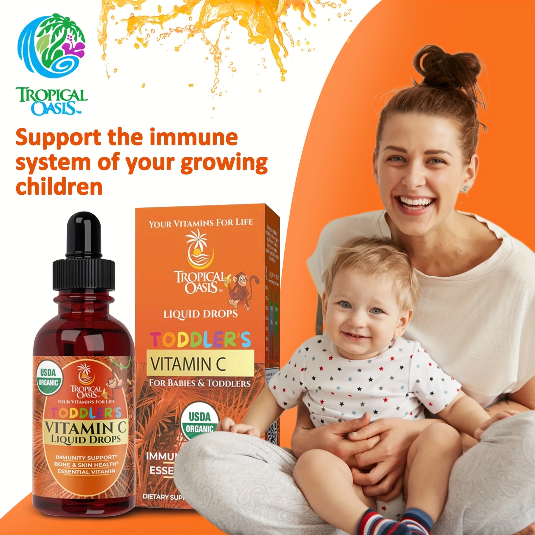 Tropical Oasis Vitamin C Drops for Toddlers, Suitable for Aged 1 to 3 Years. These Liquid Drops Are Made from Acerola Fruit And Help Promote a Healthy Immune System. They Are Gluten-Free And Come in a 2 Fl Oz Bottle, Providing 60 Servings