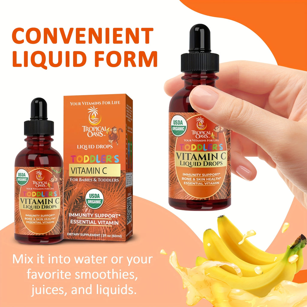 Tropical Oasis Vitamin C Drops for Toddlers, Suitable for Aged 1 to 3 Years. These Liquid Drops Are Made from Acerola Fruit And Help Promote a Healthy Immune System. They Are Gluten-Free And Come in a 2 Fl Oz Bottle, Providing 60 Servings