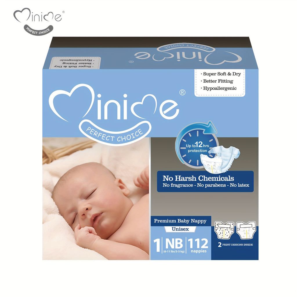 Minime Baby Diapers 6.61LB+, New Packaging, 3D Core, Double Elastic Waistband, Super Soft Premium Baby Nappies, Perfect Holiday Gift