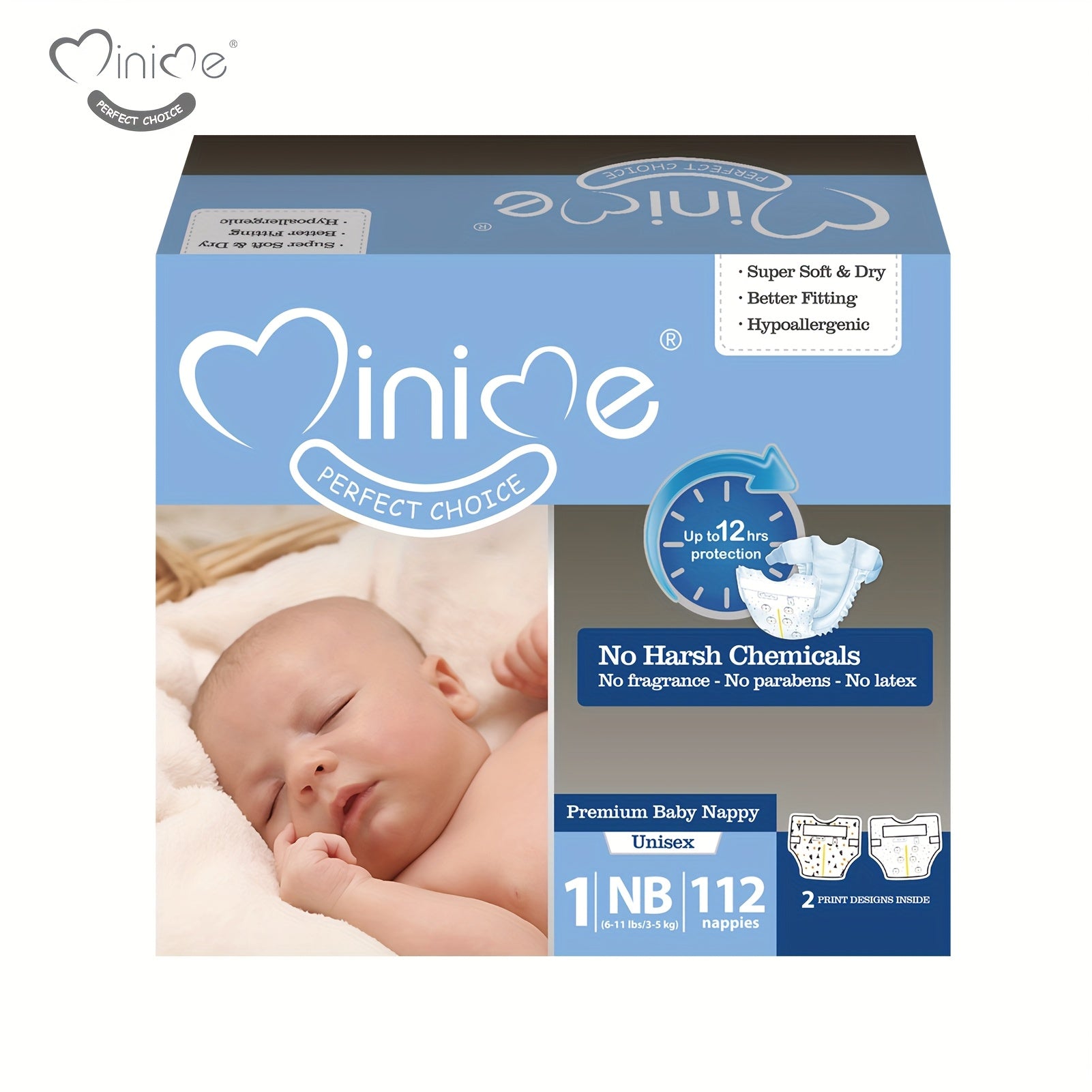 Minime Baby Diapers 6.61LB+, New Packaging, 3D Core, Double Elastic Waistband, Super Soft Premium Baby Nappies, Perfect Holiday Gift