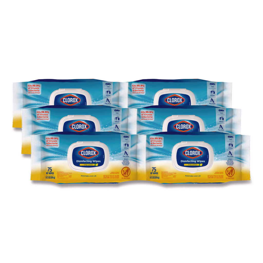 Case of 6 Clorox Disinfecting Cleaning Wipe Easy Pull Packs, 1-Ply, 8 x 7, Lemon Scent, 75 Towel Wipes per Individual Pack