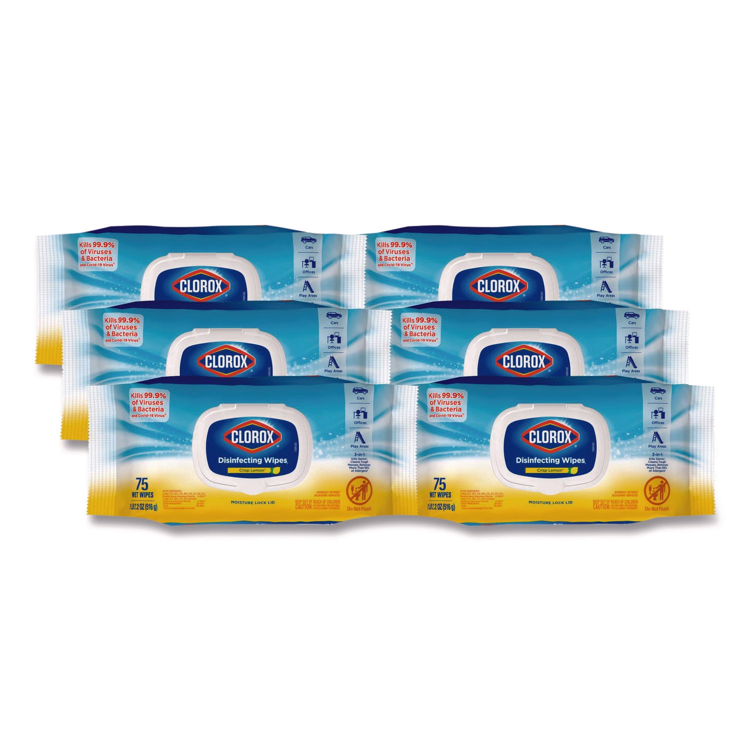Case of 6 Clorox Disinfecting Cleaning Wipe Easy Pull Packs, 1-Ply, 8 x 7, Lemon Scent, 75 Towel Wipes per Individual Pack