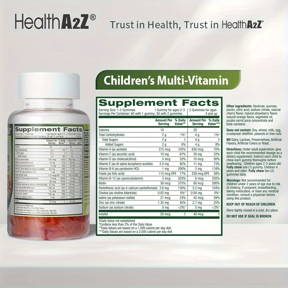 Kids Multivitamin Gummies 60ct | Brain, Eye, Bone & Immune Support | Boost Appetite & Growth | with D3, A, C, E, B6, B12, Folic Acid, Zinc & Choline | Great Taste