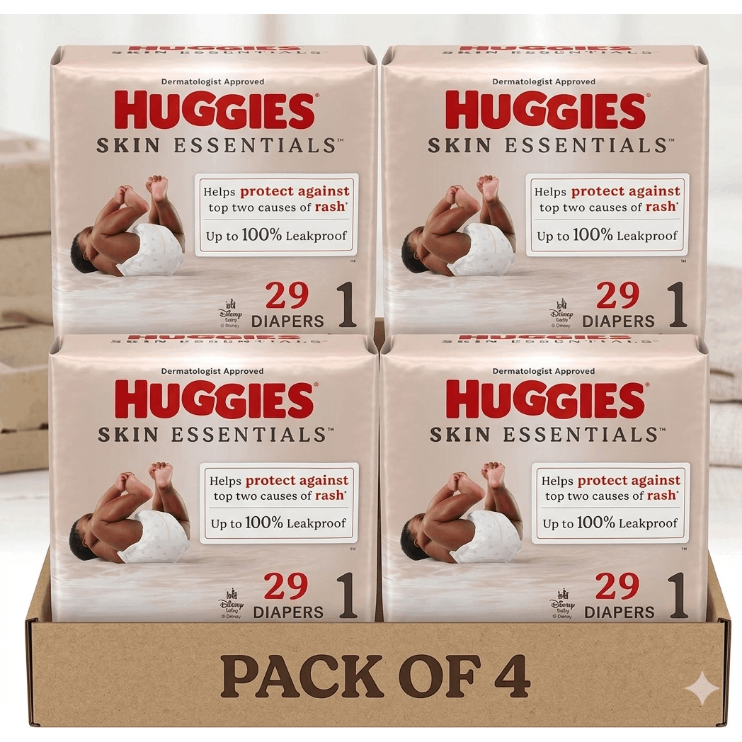 Huggies Size 1 Diapers, Skin Essentials Baby Diapers, Size 1 (8-14 lbs), 29 Count, Packaging May Vary Pack of 4