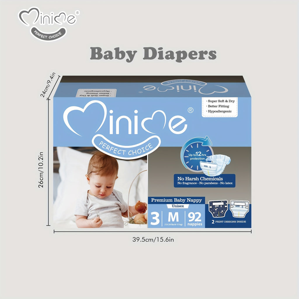 Minime Baby Diapers 6.61LB+, New Packaging, 3D Core, Double Elastic Waistband, Super Soft Premium Baby Nappies, Perfect Holiday Gift