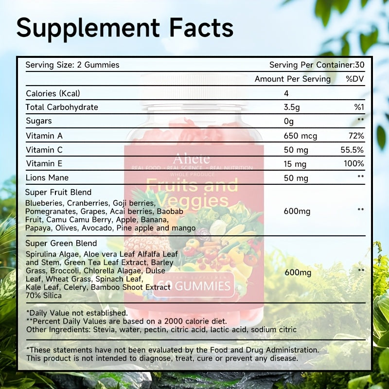 Five Bottles, Ahete Fruit & Vegetable Gummies, Nutritional Supplement - Low Calorie, Nutritional Upgrade, Suitable for All Ages!Suitable for Gifting At Christmas.