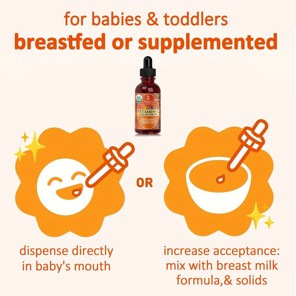 Tropical Oasis Vitamin C Drops for Toddlers, Suitable for Aged 1 to 3 Years. These Liquid Drops Are Made from Acerola Fruit And Help Promote a Healthy Immune System. They Are Gluten-Free And Come in a 2 Fl Oz Bottle, Providing 60 Servings