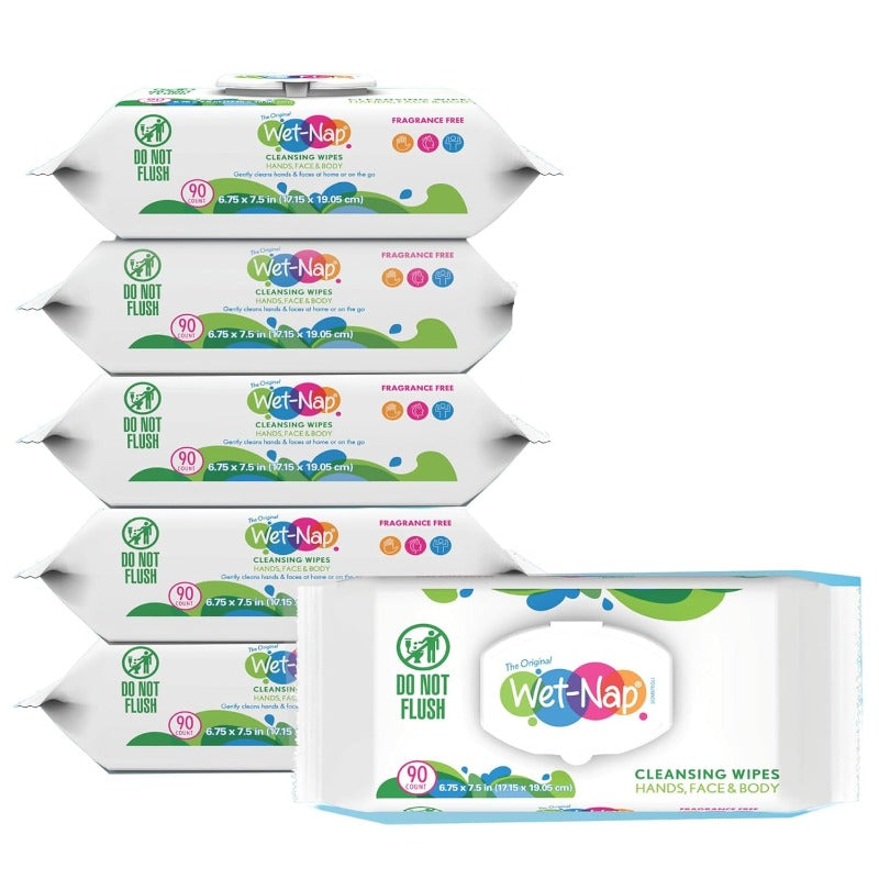 Wet Nap Hand and Face Cleansing Wipes Disposable Plant-Based Wet Wipes Gentle Fragrance Free Formula for Sensitive Light Beige Paraben-Free and Alcohol-Free 90 Count Pack of 6