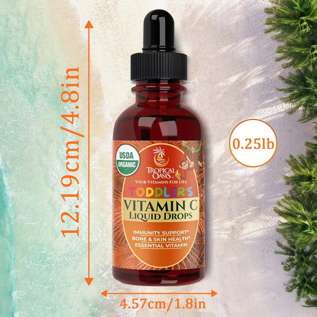 Tropical Oasis Vitamin C Drops for Toddlers, Suitable for Aged 1 to 3 Years. These Liquid Drops Are Made from Acerola Fruit And Help Promote a Healthy Immune System. They Are Gluten-Free And Come in a 2 Fl Oz Bottle, Providing 60 Servings