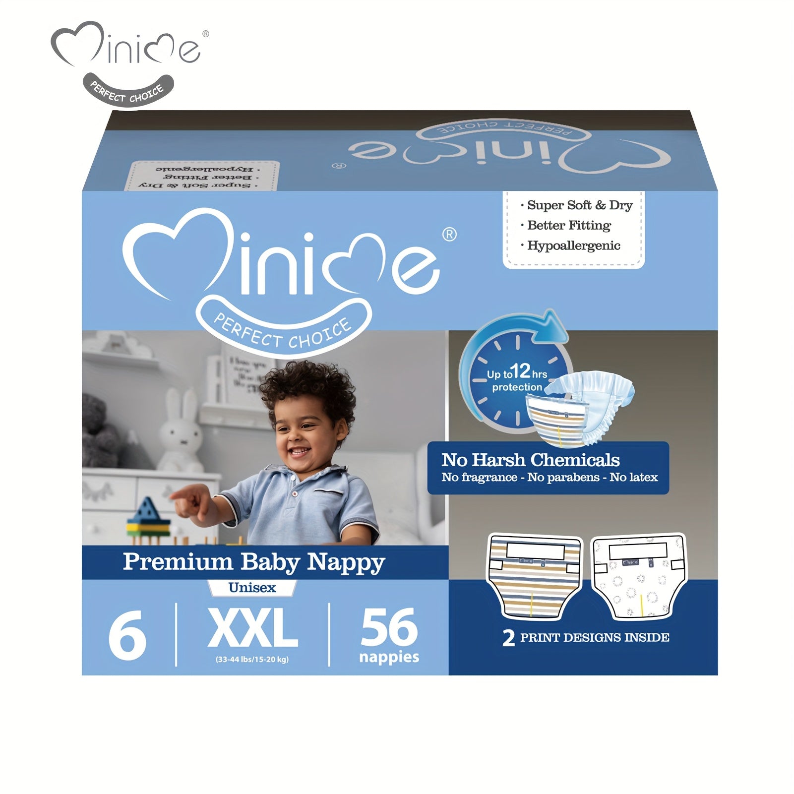 Minime Baby Diapers 6.61LB+, New Packaging, 3D Core, Double Elastic Waistband, Super Soft Premium Baby Nappies, Perfect Holiday Gift