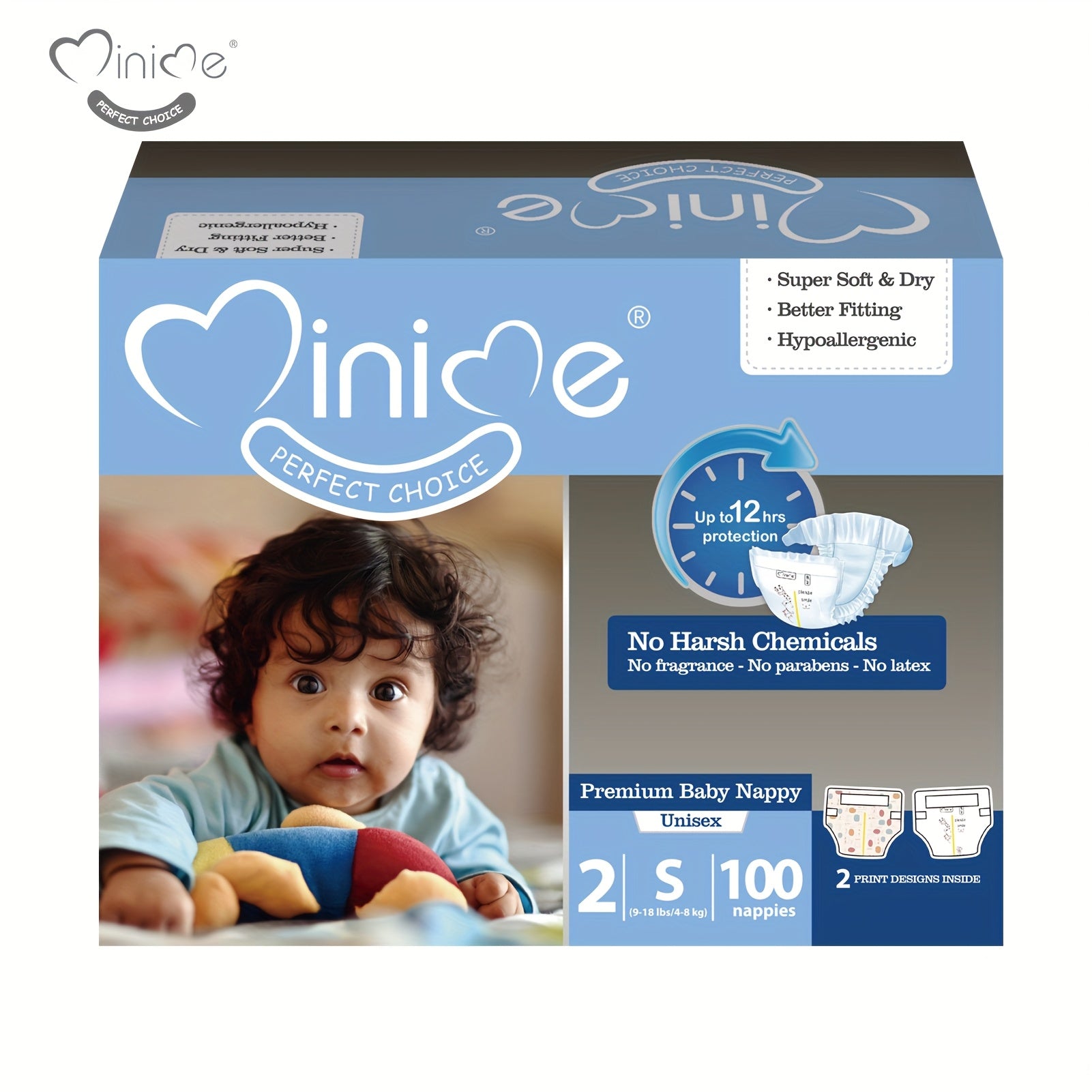 Minime Baby Diapers 6.61LB+, New Packaging, 3D Core, Double Elastic Waistband, Super Soft Premium Baby Nappies, Perfect Holiday Gift