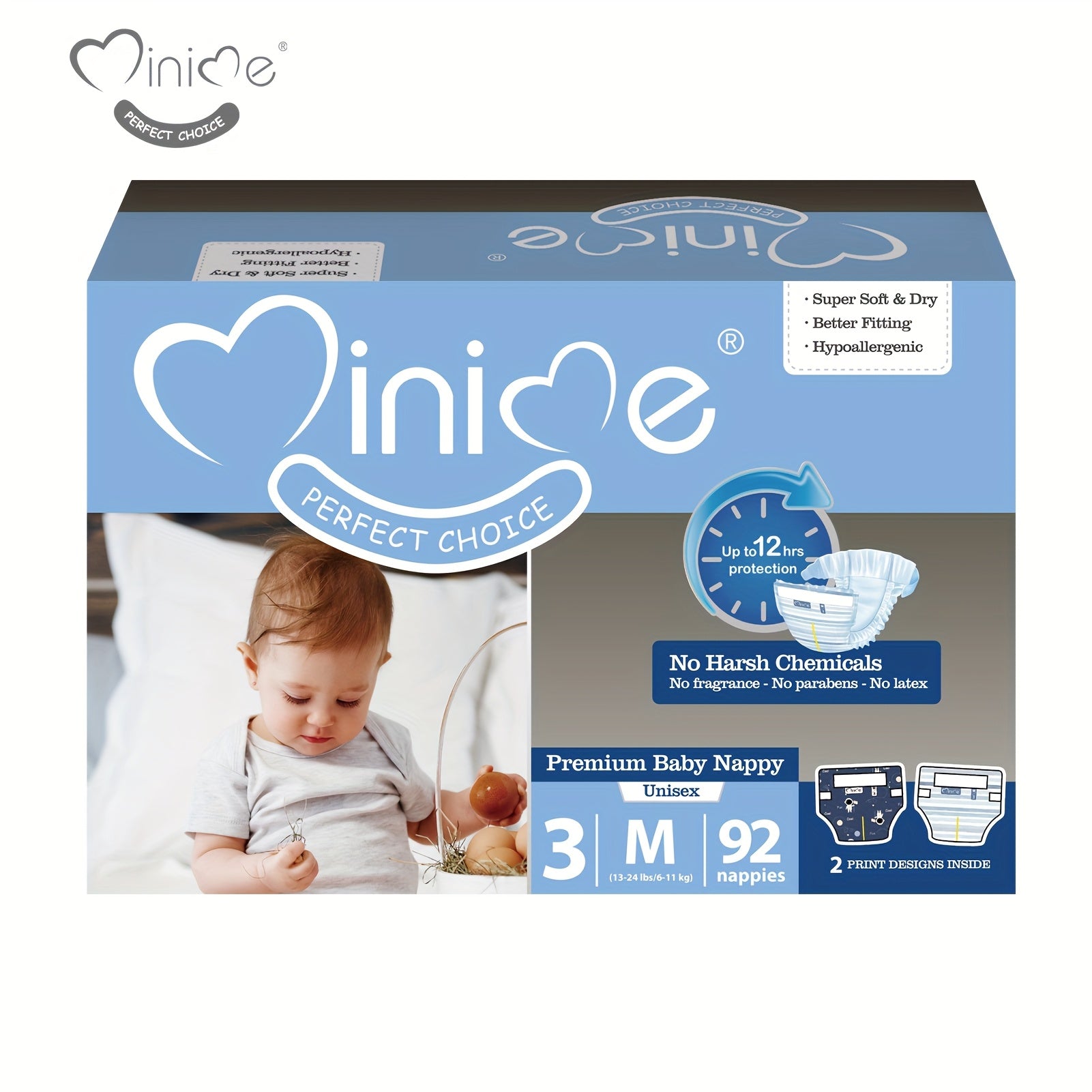 Minime Baby Diapers 6.61LB+, New Packaging, 3D Core, Double Elastic Waistband, Super Soft Premium Baby Nappies, Perfect Holiday Gift