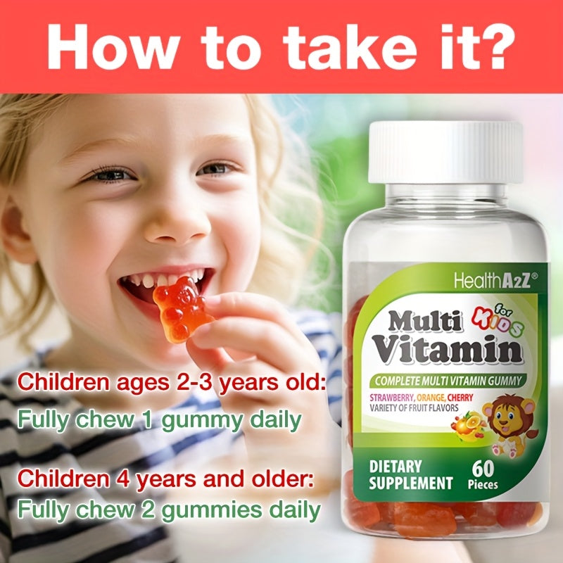 Kids Multivitamin Gummies 60ct | Brain, Eye, Bone & Immune Support | Boost Appetite & Growth | with D3, A, C, E, B6, B12, Folic Acid, Zinc & Choline | Great Taste