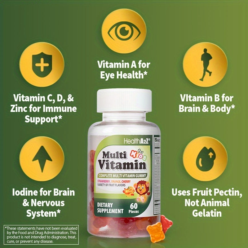 Kids Multivitamin Gummies 60ct | Brain, Eye, Bone & Immune Support | Boost Appetite & Growth | with D3, A, C, E, B6, B12, Folic Acid, Zinc & Choline | Great Taste