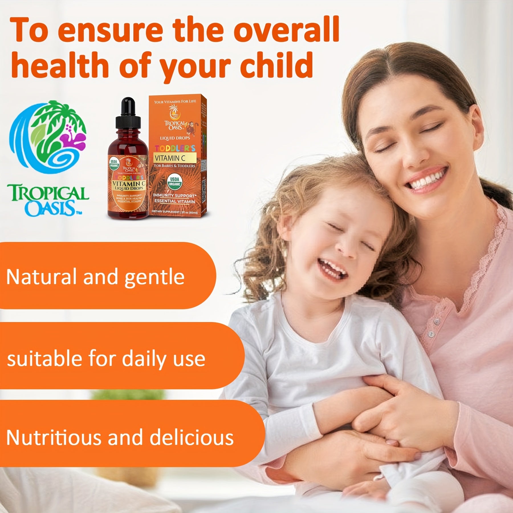 Tropical Oasis Vitamin C Drops for Toddlers, Suitable for Aged 1 to 3 Years. These Liquid Drops Are Made from Acerola Fruit And Help Promote a Healthy Immune System. They Are Gluten-Free And Come in a 2 Fl Oz Bottle, Providing 60 Servings