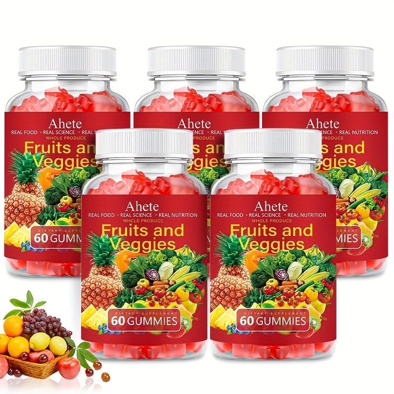 Five Bottles, Ahete Fruit & Vegetable Gummies, Nutritional Supplement - Low Calorie, Nutritional Upgrade, Suitable for All Ages!Suitable for Gifting At Christmas.